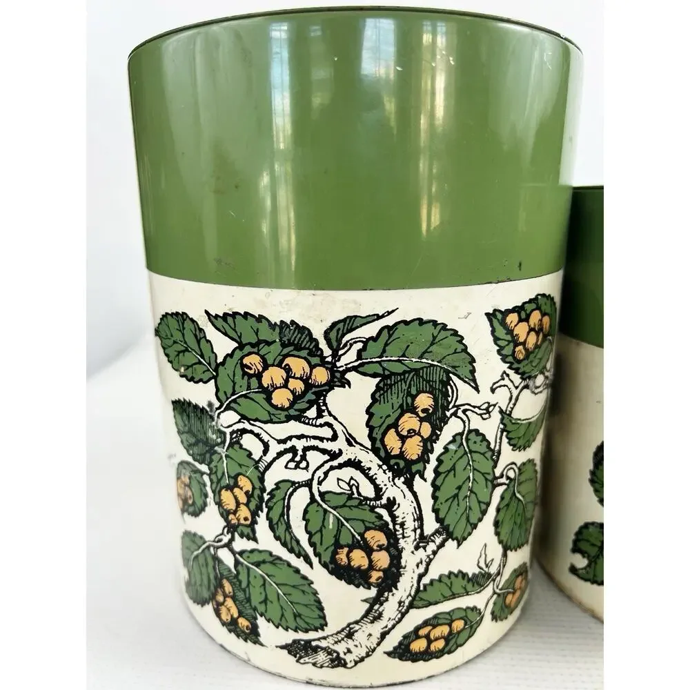 Vintage 70s Leaves & Fruit Kitchen Metal Canisters Nesting Green Cream READ
